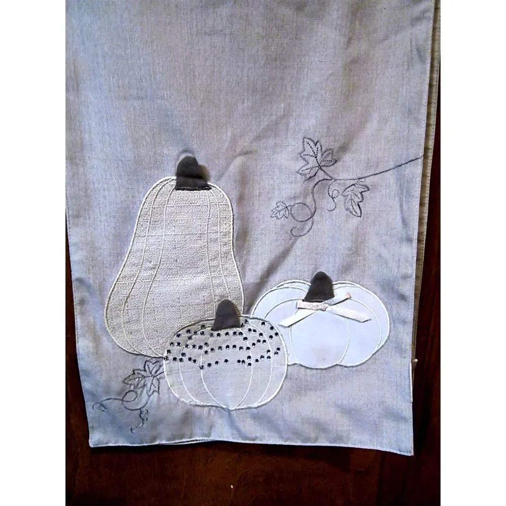 2102. Gray Tan Fall Pumpkin Table Runner Linens by Witch Crafters 6 Feet